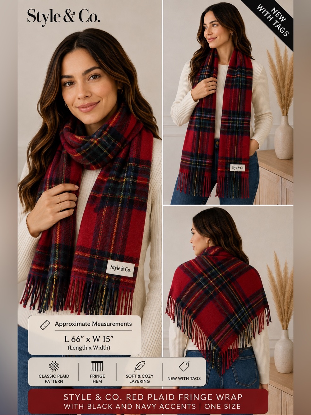 Style‎ & Co. Red Plaid Fringe Wrap with Black and Navy Accents NEW One Size